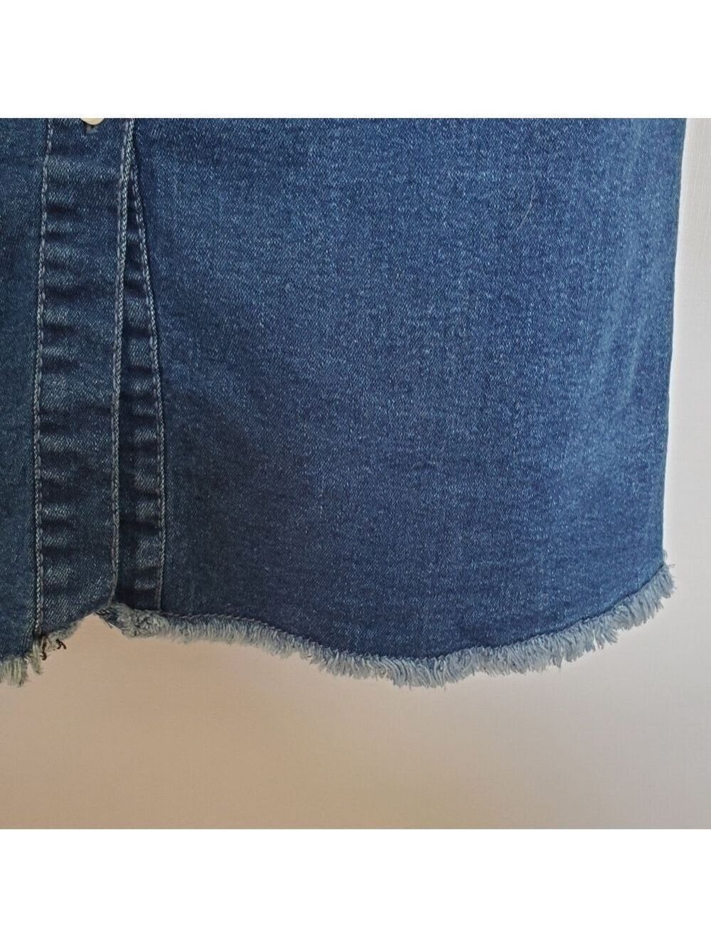 DENIM MINI DRESS 90'S Y2K WOMENS XL BLUE BUTTON UP RAW HEM COACHELLA STAGECOACH - Picture 10 of 11